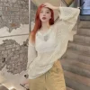 Long Sleeve See Through Hollow Out Loose Sweater Lady O Neck Pullover Thin Jumper 2023 Korean Summer Autumn Fashion New Women's 3