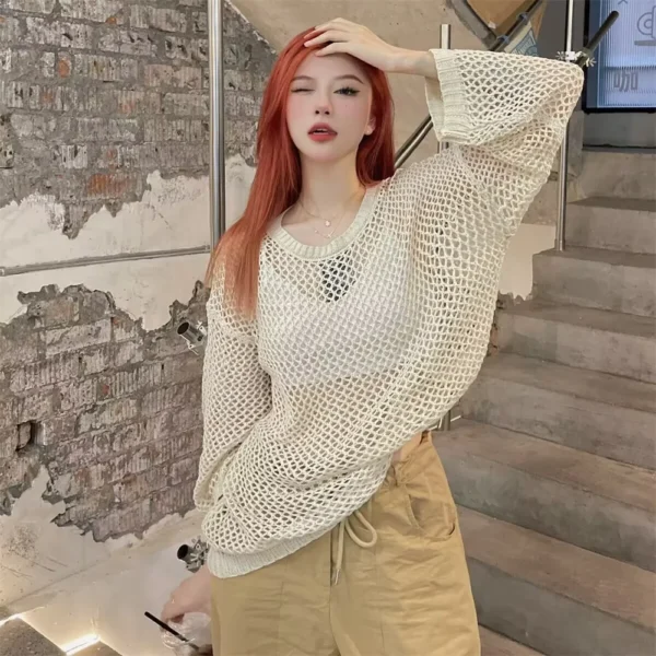 Long Sleeve See Through Hollow Out Loose Sweater Lady O Neck Pullover Thin Jumper 2023 Korean Summer Autumn Fashion New Women's 3