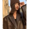 Women Black Brown Soft PU Leather Blazer Shoulder Pads Long Sleeve Single Breasted Loose Casual Jacket Tops Korean Fashion Coat 6
