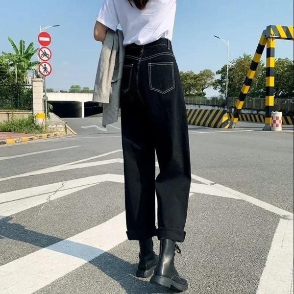 Jeans Women All-match Korean Style Mopping Trousers Denim Vintage Black Solid High Waist Autumn Baggy Chic Street Casual 6