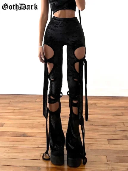 Goth Dark Velvet Hollow Out Mall Gothic Pencil Pants Grunge Aesthetic Punk Sexy High Waist Trousers Y2k Bandage Women Alt Bottom 1