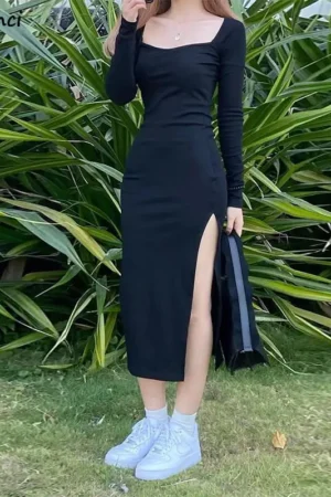 Women Long Sleeve Dress Mid-calf Length Square Collar Black Sheath Retro Slim Sexy Vintage Side Slit Stretchy All-match Simple