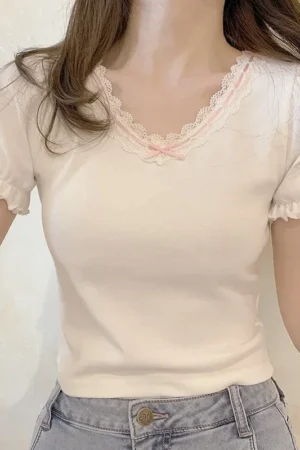 White T-Shirt for Sweet Girl Ribbon Lace Trim V-Neck Bowknot Puff Sleeve Slim Short Cotton TShirt Kawaii Clothes Summer Tops