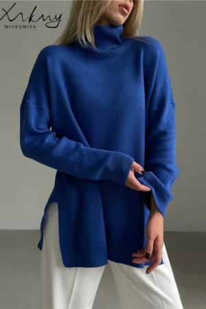 Autumn Winter Women's Sweaters Turtleneck Women Pulovers Side Split Knitted Jumpers Christmas Sweater Oversize Pull For Women