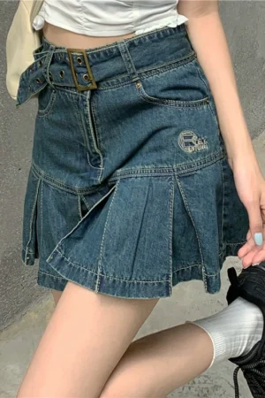 Kawaii Hot Girl Denim Skirt Womens Pleated Skirt Y2k  Fashion Casual College Style High Waist Slim Goth Mini A Word Short Skirt