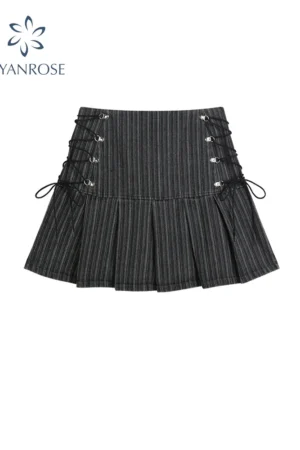 Y2k Pleated Skirt Women Sexy High Waist Grey Stripe Bandage Mini Skirts 2022 Summer New A Line Skirt Vintage Harajuku Streetwar