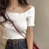 HELIAR Women Off Shoulder T-shirts Knitted Ruffles Hem Crop Tops Short Sleeve T-shirts For Women 2024 Summer Tops Female 3