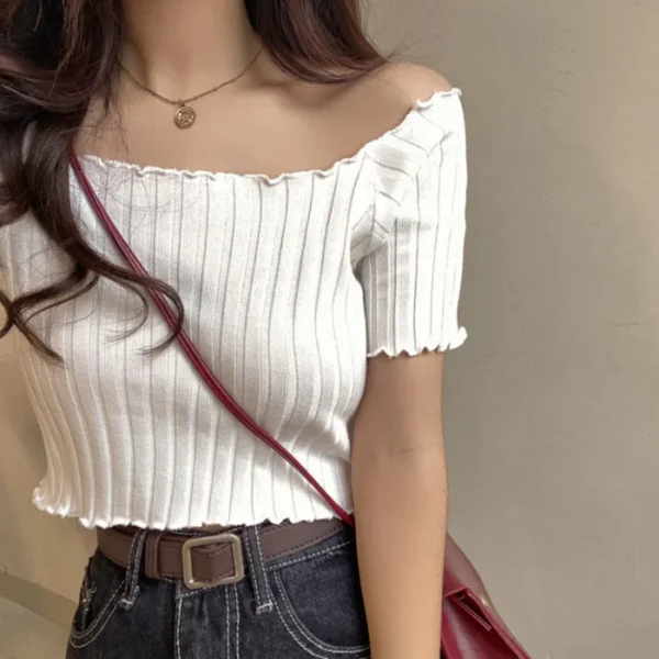 HELIAR Women Off Shoulder T-shirts Knitted Ruffles Hem Crop Tops Short Sleeve T-shirts For Women 2024 Summer Tops Female 3