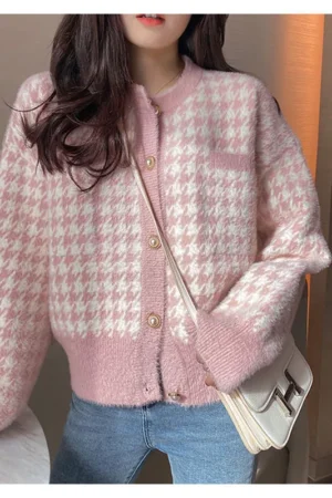 Korean Pink Plaid Short Sweater Cardigan Tops Women Elegant Faux Mink Cashmere Knitwear Coats Fall Winter O-neck Knitted Abrigos