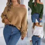 2023 Autumn and Winter Sweater Women's Solid Color Bat Sleeve Off Shoulder Pullover Sweater Women's Casual Fashion Top 1