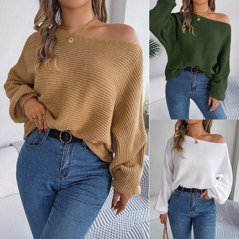 2023 Autumn and Winter Sweater Women's Solid Color Bat Sleeve Off Shoulder Pullover Sweater Women's Casual Fashion Top 1