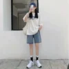 Feynzz Fashion Summer Half Women Denim Shorts High Waist Belted Loose Female Short Jeans  Streetwear 4