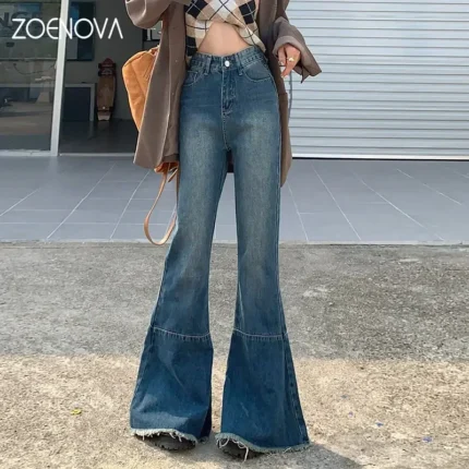 ZOENOVA 2023 Harajuku Tassel Hems Y2K Dark Blue High Waist Streetwear Jeans Baggy Women Non Strech Straight Wide Leg Flare Pants