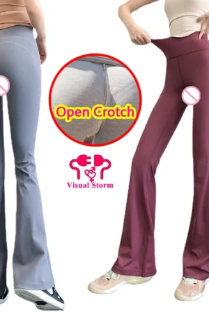 Woman's Sexy Open Crotch Leggings Hidden Zippers Flare Hot Pants Gym Crotchless Booty Lift Dance High Rise Outdoor Sex Trouser 1
