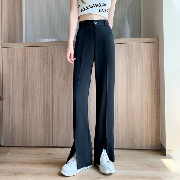 Women Black Front Slit Pants Chic Fashion Office Lady Long Straight Trousers Elastic High Waist Pencil Loose Trousers Jumpsuits 1