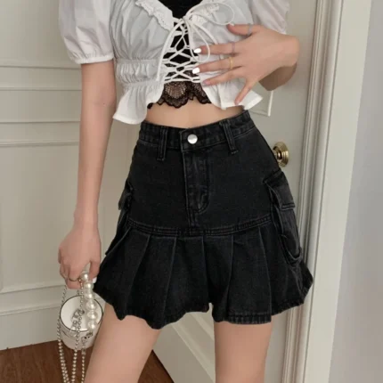 Skirts Women Summer High Waist Denim Mini Vintage Cargo Pockets Pleated Sexy Fashion Design Classy Cool Sweet College Streetwear 2