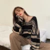 LMQ NEW Women Punk Gothic Striped Long Sleeve Loose Patchwork Sweater Hip Hop Retro Oversize Pullover Casual Knitted Jumpers 5