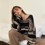 LMQ NEW Women Punk Gothic Striped Long Sleeve Loose Patchwork Sweater Hip Hop Retro Oversize Pullover Casual Knitted Jumpers 5