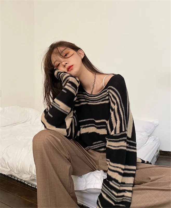 LMQ NEW Women Punk Gothic Striped Long Sleeve Loose Patchwork Sweater Hip Hop Retro Oversize Pullover Casual Knitted Jumpers 5