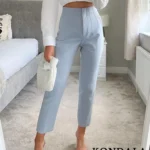 TRAFZA Women Light Blue Chic Fashion Office Wear Straight Pants Vintage High Waist Zipper Fly Female Trousers Fashion 2024 1