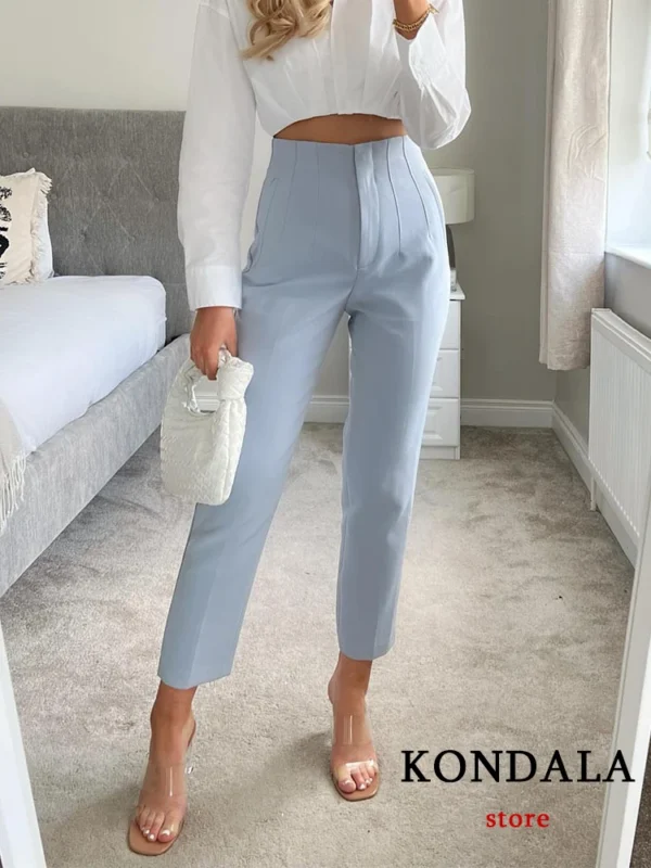 TRAFZA Women Light Blue Chic Fashion Office Wear Straight Pants Vintage High Waist Zipper Fly Female Trousers Fashion 2024 1