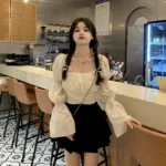 Back Puff Sleeve Shirts Women Autumn French Bow Bandage Blouses 2022 New Black Pink Square Neck Cropped Tops Female 4