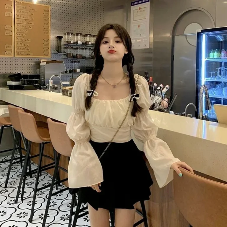 Back Puff Sleeve Shirts Women Autumn French Bow Bandage Blouses 2022 New Black Pink Square Neck Cropped Tops Female 4