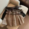 Spring Autumn Girls Pleated Skirt Baby Kids Skort Children Fashion Bottoms Check Plaid Solid Waist Belt 3-14 kids girls clothes 1