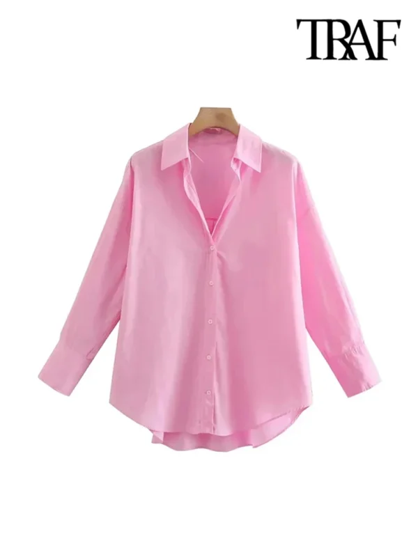TRAF Women Fashion Office Wear Loose Poplin Solid Shirts Vintage Long Sleeve Button-up Casual Female Blouses Blusas Chic Tops 2