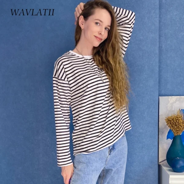 WAVLATII 2021 New Women Striped Long Sleeve T-shirts Female Streetwear Autumn Spring Cotton Tees Tops WLT2110 4
