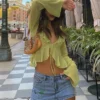 ALLNeon Vintage 90s Streetwear Ruffles Trim Green Chiffon T-shirts Y2K Fashion Sexy Deep V Lace Up Long Sleeve Tops Transparent 2