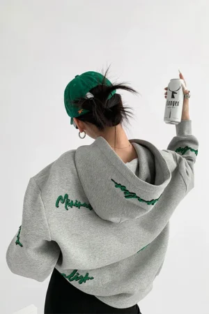 Korean Women's Clothing Vintage Grey Loose Pullover Fashion Letter Print Sweatshirt Lazy Casual Raglan Sleeves Hoodie Autumn