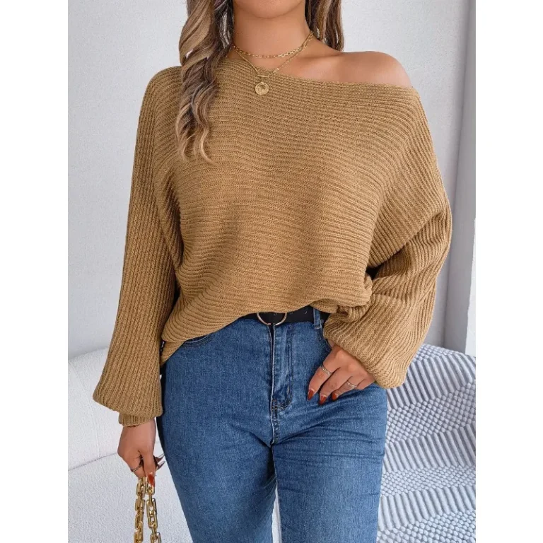 2023 Autumn and Winter Sweater Women's Solid Color Bat Sleeve Off Shoulder Pullover Sweater Women's Casual Fashion Top 5