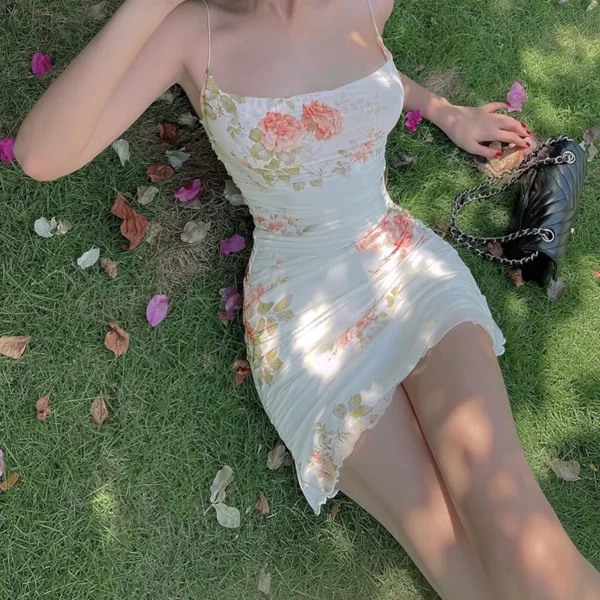 Xingqing 2000s Women Floral Mini Dress y2k Aesthetic Sleeveless Ruffles Hem Kawaii Sundress Sexy Sweet Girl Fairycore Dresses