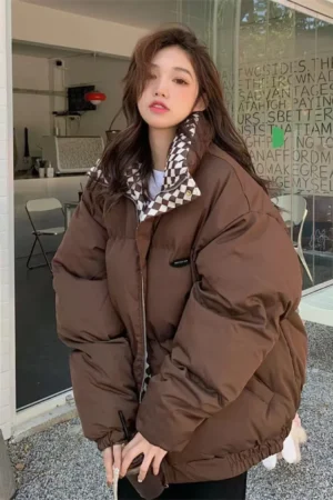 2024 New Winter Down Cotton Jacket Women Zipper Loose Padded Coat Female Solid Thickening Warm Puffer Parkas Jackets Black White