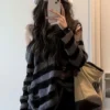 Deeptown Gothic Streetwear Striped Knitted Sweater Women Harajuku Punk Hollow Out Jumper Hole Loose All-match Tops Grunge E-girl