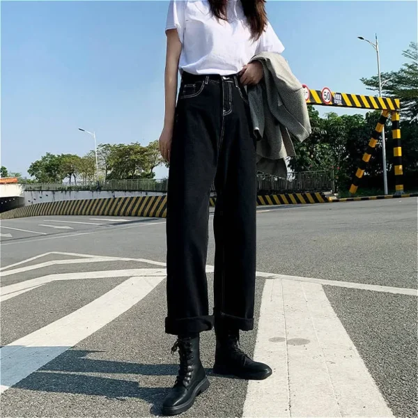 Jeans Women All-match Korean Style Mopping Trousers Denim Vintage Black Solid High Waist Autumn Baggy Chic Street Casual 5