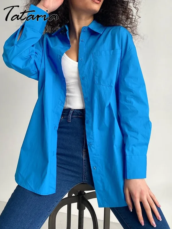 Basic Candy Colors Shirt Women's Beautiful Blouses with Collar 2023 Summer Green Button Up Shirts Oversized Long Sleeve Tops 2