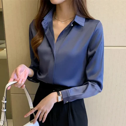 Satin Women's Shirt Long Sleeve Fashion Woman Blouse 2023 Solid Top Female Shirts and Blouse Basic Ladies Tops OL Women Clothing 1