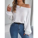 2023 Autumn and Winter Sweater Women's Solid Color Bat Sleeve Off Shoulder Pullover Sweater Women's Casual Fashion Top 3