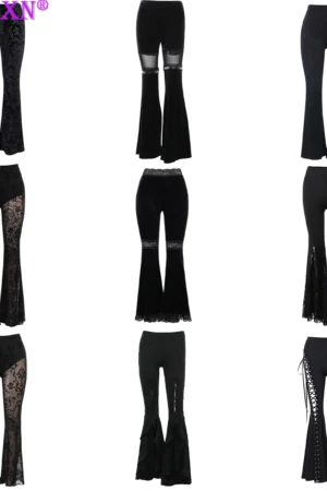 Y2K Gothic Black Velvet Lace Mesh Flare Pants Sexy Harajuku Aesthetic See Through Emo Pants Vintage Women Summer Pant Streetwear