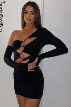 Cryptographic Chic Fashion Long Sleeve Cut Out Bandage Mini Dress Outfits for Women Hot Sexy Club Party Dresses Bodycon Clothes