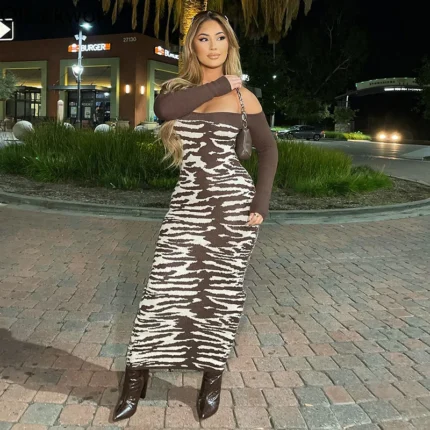 Olivekwok Women Long Sleeve Tigue Striped Printed Off Shoulder Bodycon Midi Maxi Dress 2024 Sexy Club Party Long Dresses Vestido 2