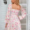 NewAsia Floral Dress Women Lantern Long Sleeve Ruched Print A Line Square Neck Tie up Mini Vestidos Sexy Chic Summer Beach Dress 5