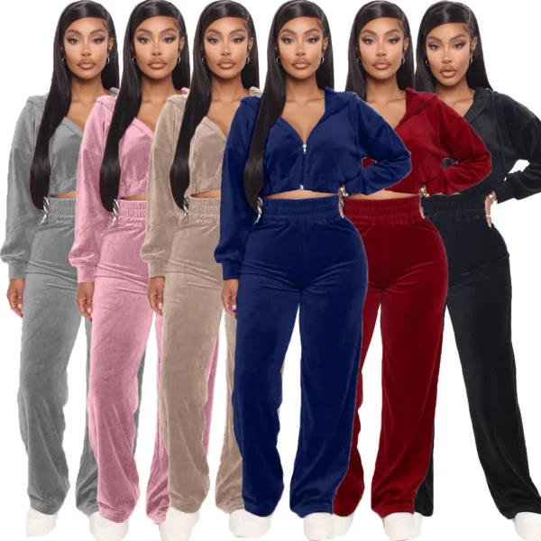 Spring Velour Women Sport Suit Tracksuit Hooded Jacket Sweater+pant Running Jogger Fitness Workout Casual Training Set Sweatsuit 1