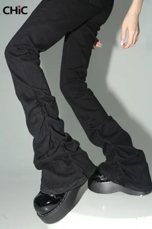 REDDACHiC Black Ruched Flare Jeans Women Solid Stretch Bootcut Stacked Pants High Rise Trousers Harajuku Goth Grunge Y2k Clothes
