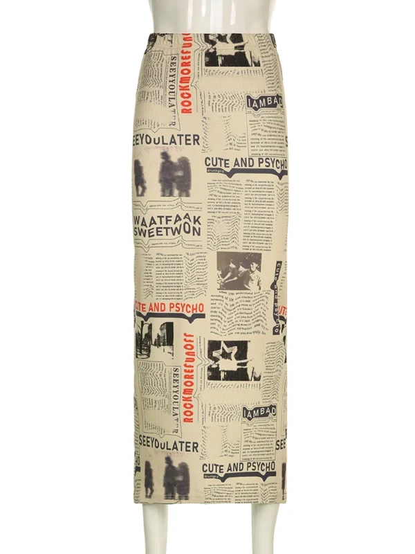 Darlingaga Vintage Newspaper Letter Print High Waist Long Skirt Women Distressed Harajuku Slim Pencil Skirts Aesthetic Y2K Chic 4
