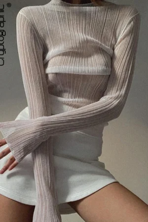 Cryptographic 2024 Fall Elegant See Through Long Sleeve Mock Neck Women Tops Fashion Streetwear Sexy T-Shirts Tees Slim Clothes