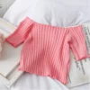 HELIAR Women Off Shoulder T-shirts Knitted Ruffles Hem Crop Tops Short Sleeve T-shirts For Women 2024 Summer Tops Female 5