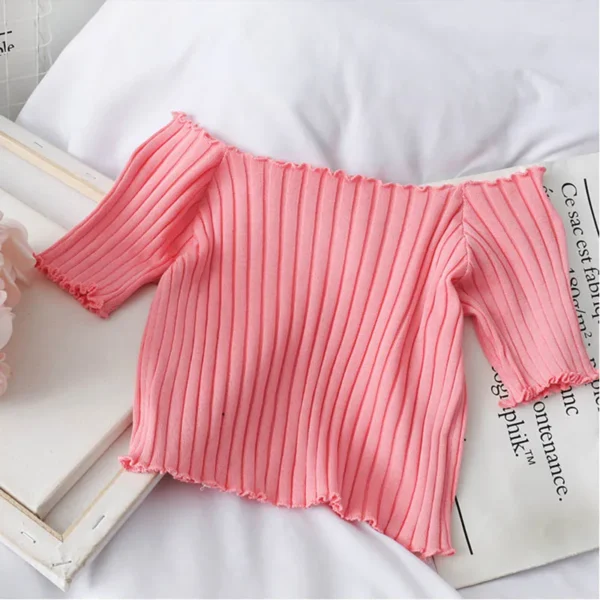 HELIAR Women Off Shoulder T-shirts Knitted Ruffles Hem Crop Tops Short Sleeve T-shirts For Women 2024 Summer Tops Female 5